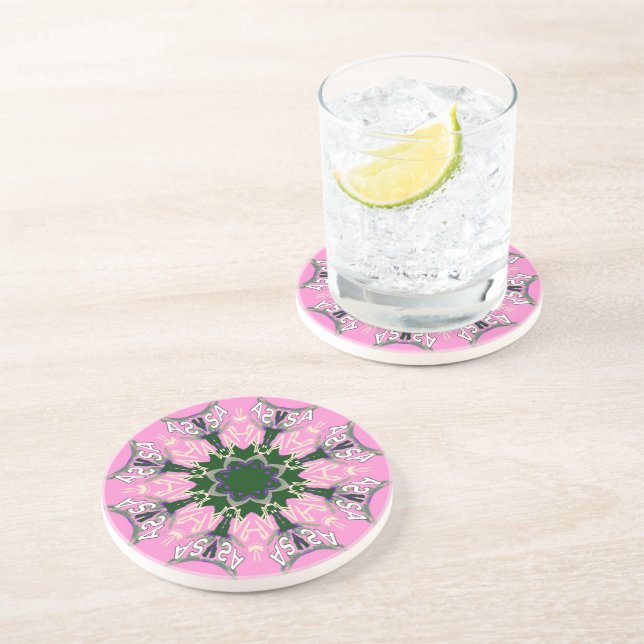 Black and Pink Cute Floral Fashion Motif Monogram  Sandstone Coaster (Side)
