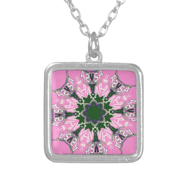 Black and Pink Cute Floral Fashion Motif Monogram  Silver Plated Necklace (Front)