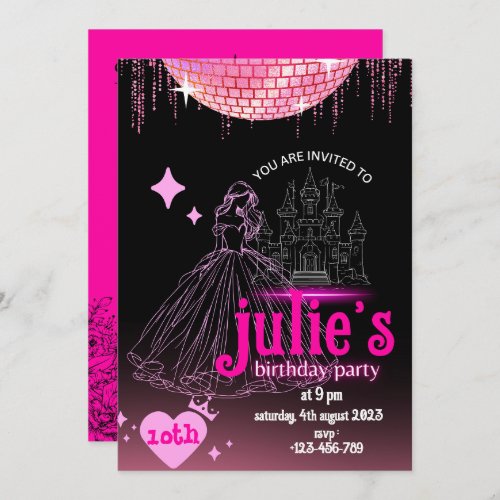 Black and pink cute princess birthday invitation