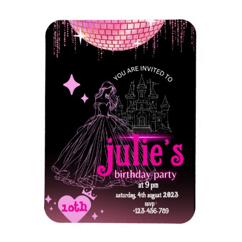 Black and pink cute princess birthday invitation magnet