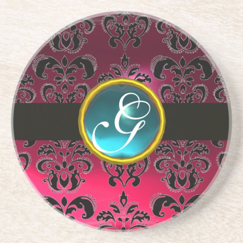 BLACK AND PINK DAMASK  Blue Aquamarine Monogram Drink Coaster