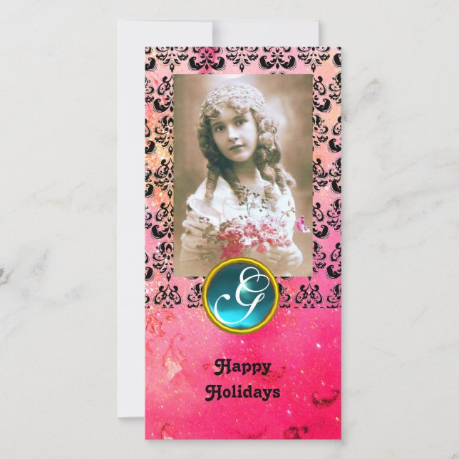 BLACK AND PINK DAMASK Blue Aquamarine Monogram Holiday Card (Front)
