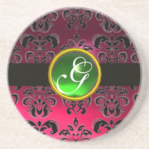 BLACK AND PINK DAMASK  Green Emerald Monogram Drink Coaster