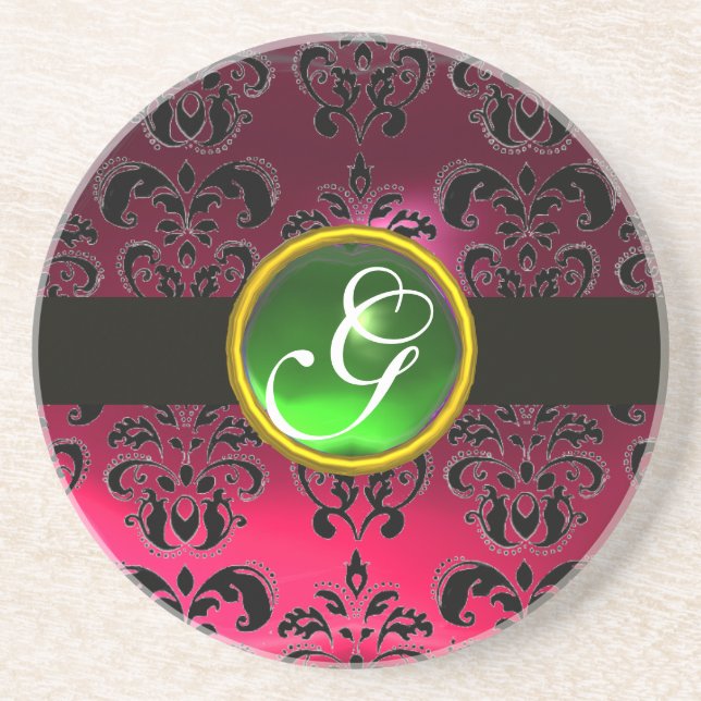 BLACK AND PINK DAMASK  Green Emerald Monogram Drink Coaster (Front)