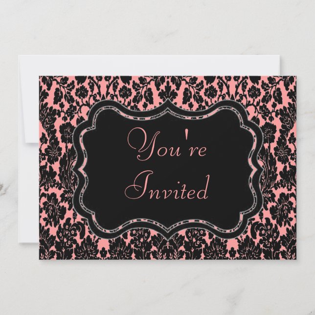 Black and Pink Damask Invitation (Front)