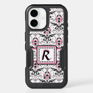 Black and Pink Damask Monogram iPhone 16 Case