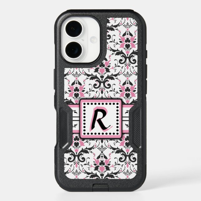 Black and Pink Damask Monogram Otterbox iPhone Case (Back)