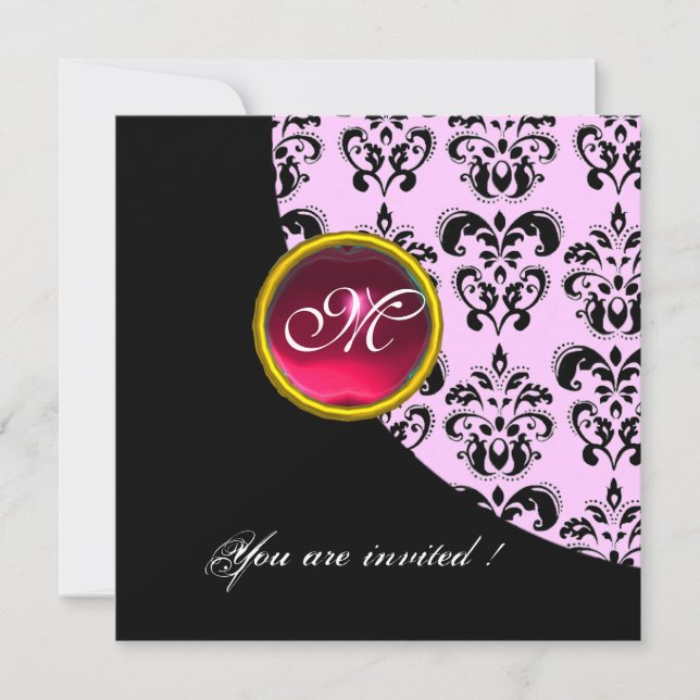 BLACK AND PINK DAMASK MONOGRAM,red ruby, Invitation (Front)