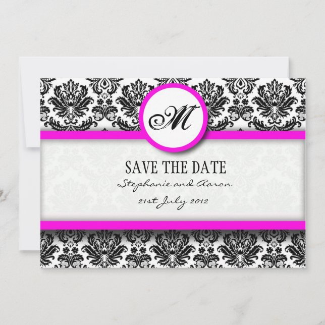 Black and Pink Damask Monogram Save The Date Card (Front)