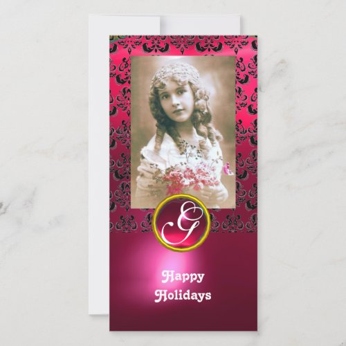 BLACK AND PINK DAMASK Red Ruby Monogram Holiday Card