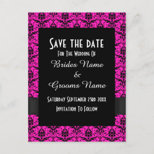 Black and pink damask save the date announcement postcard