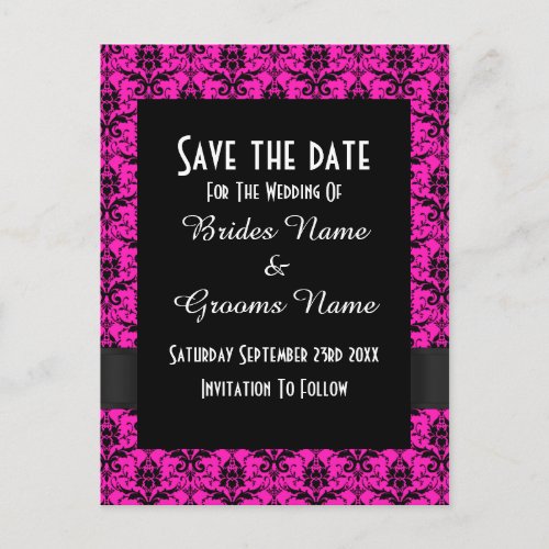 Black and pink damask save the date announcement postcard