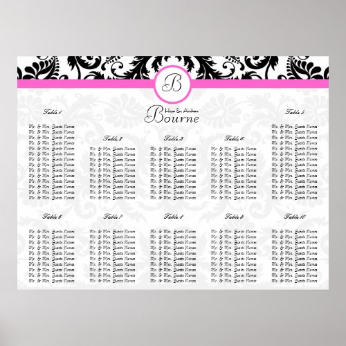 Black and Pink Damask Seating Chart Table Numbers