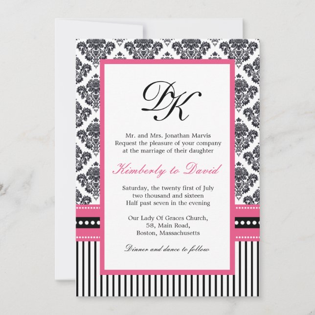 Black and Pink Damask Stripes and Dots Invitations (Front)