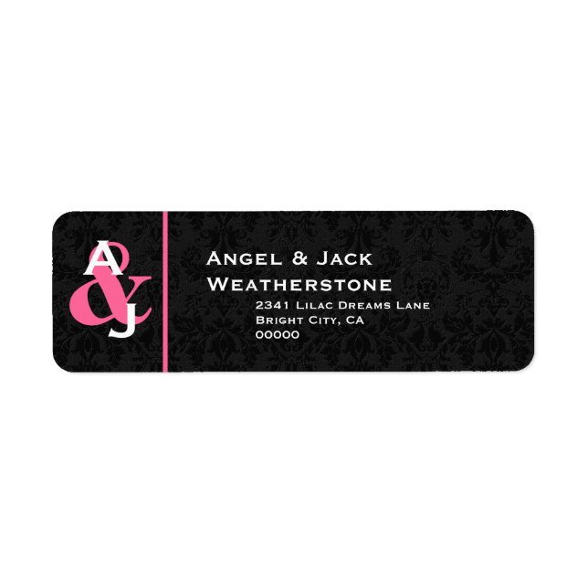 Black and Pink Damask Wedding Monogram Ver 007 Label (Front)
