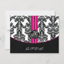 Black and Pink Damask Wedding RSVP Card