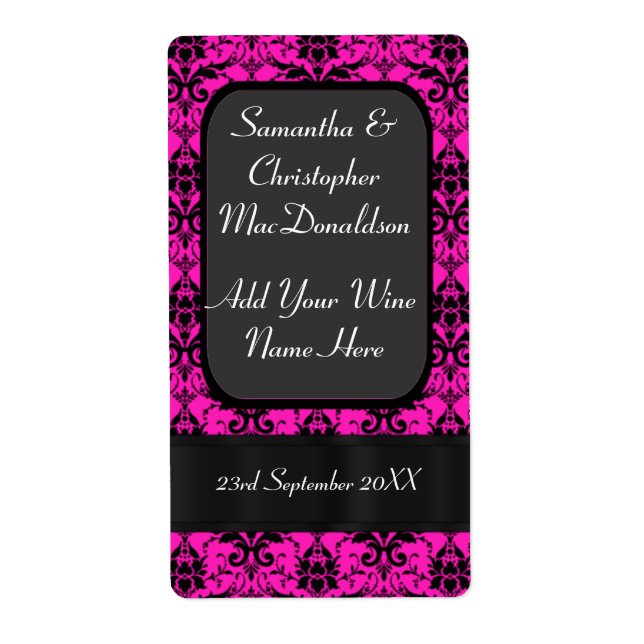 Black and pink damask wedding wine bottle label (Front)