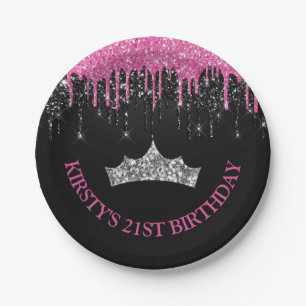Black and Pink Dripping Glitter Birthday Paper Plates