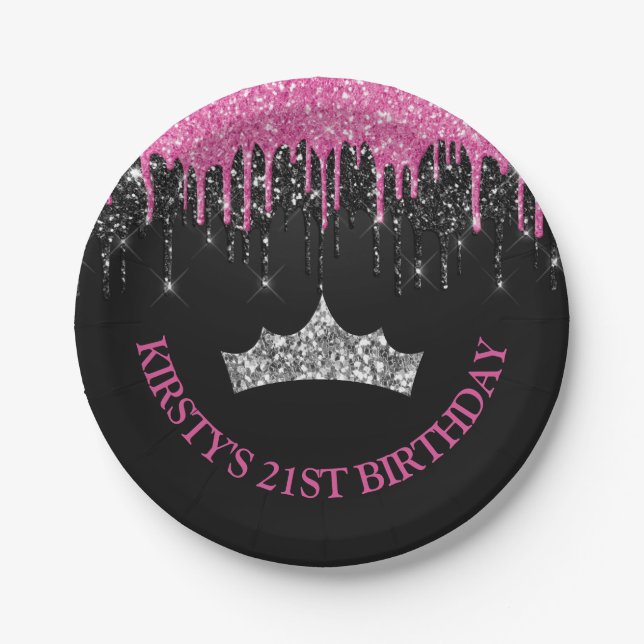 Black and Pink Dripping Glitter Birthday Paper Plates (Front)