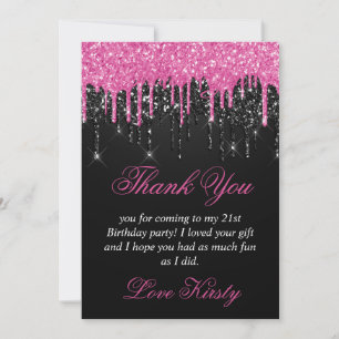 Black and Pink Dripping Glitter Birthday Thank You Card