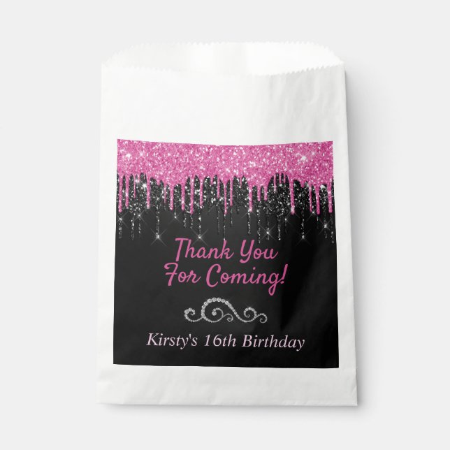Black and Pink Dripping Glitter Sweet 16 Favor Bag (Front)
