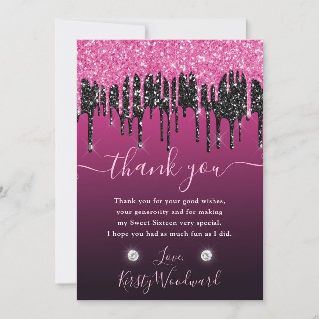 Black and Pink Dripping Glitter Sweet 16 Thank You Card (Front)