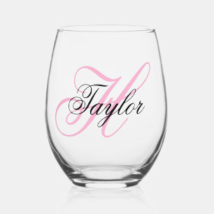 Black and Pink Fancy Monogram Stemless Wine Glass