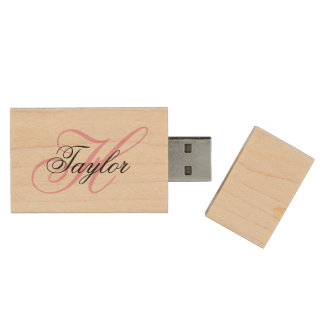Black and Pink Fancy Monogram Wood Flash Drive