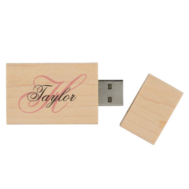 Black and Pink Fancy Monogram Wood Flash Drive (Opened)