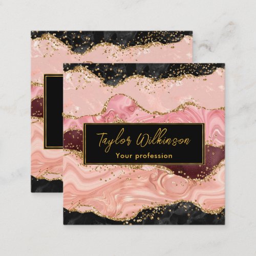 Black and Pink Faux Glitter Sequins Agate Square Business Card