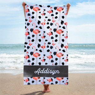Black and Pink Flamingo Pool Beach Towel