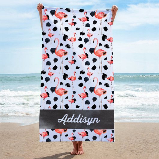 Black and Pink Flamingo Pool Beach Towel (Front)
