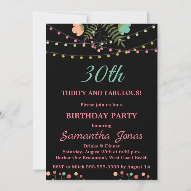 Black and Pink Floral Design 30th Birthday party Invitation (Front)
