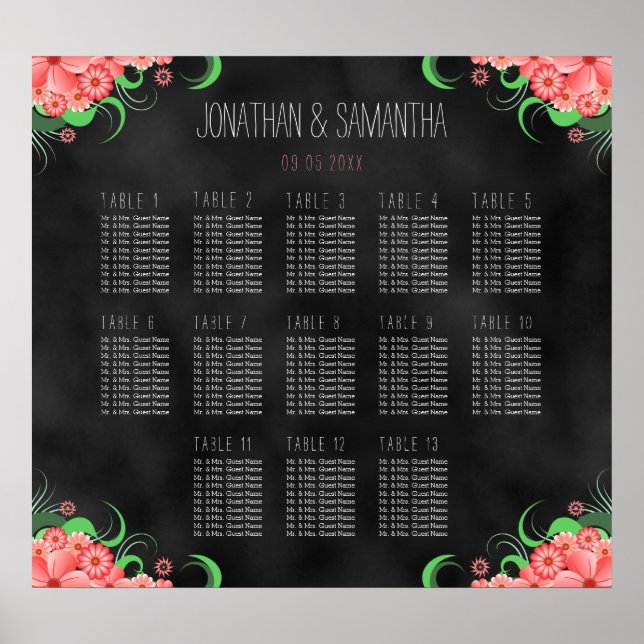Black and Pink Floral DIY 13 Table Seating Chart (Front)