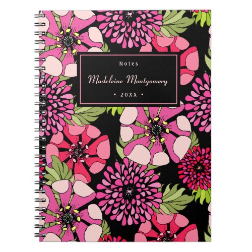 Black And Pink Floral Elegant Personalized Noteboo Notebook