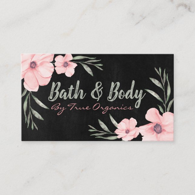 Black And Pink Floral Handmade Spa Bath & Body Business Card (Front)