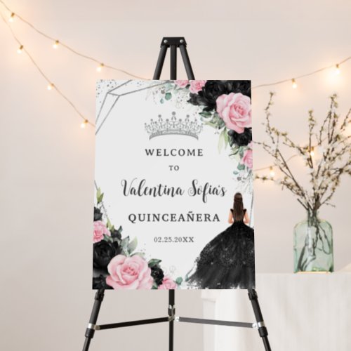 Black and Pink Floral Princess Quinceaera Welcome Foam Board