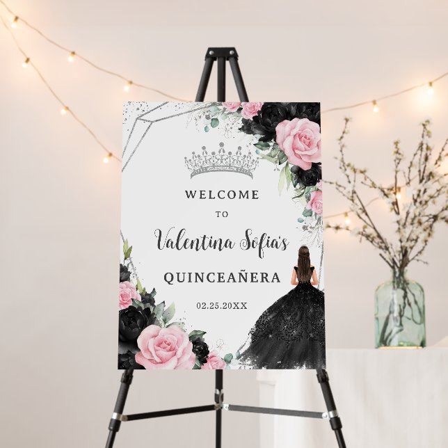 Black and Pink Floral Princess Quinceañera Welcome Foam Board (In Situ (Stand))
