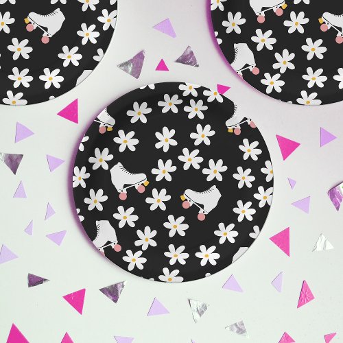 Black And Pink Floral Roller Skating Birthday Paper Plates