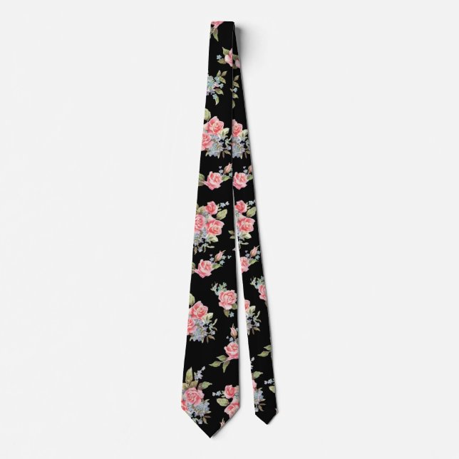 Black and Pink Floral Rose pattern Tie (Front)