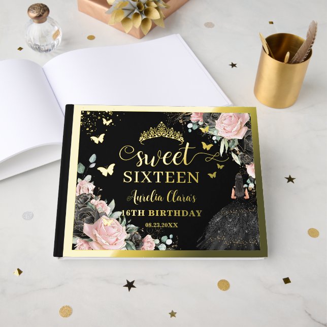 Black and Pink Floral Sweet Sixteen 16th Birthday Foil Guest Book (Front Open)