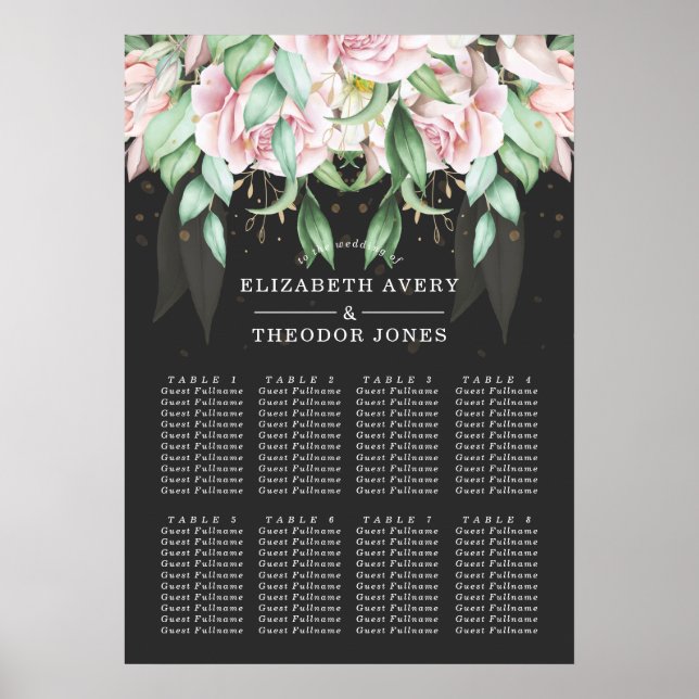 Black and Pink Floral Wedding Elegant Poster (Front)