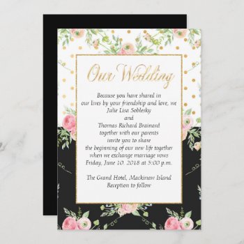 Black And Pink Floral Wedding Invitation by ChristmasBellsRing at Zazzle