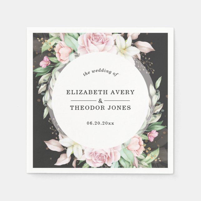 Black and Pink Floral Wedding Napkins (Front)