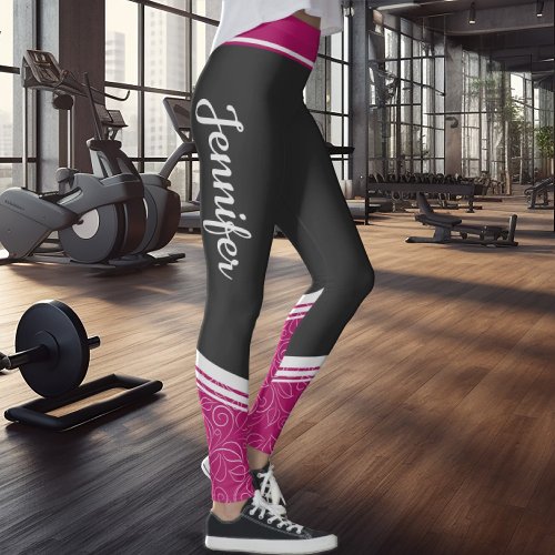 Black and pink floral white stripes  name leggings