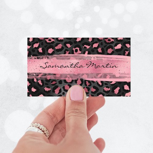 Black and Pink Foil Leopard Spot Brush Stroke Business Card