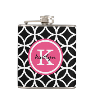 Black and Pink Geometric Diamonds Custom Monogram Flask