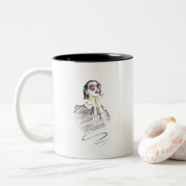 Black and pink girly beauty Two-Tone coffee mug (With Donut)