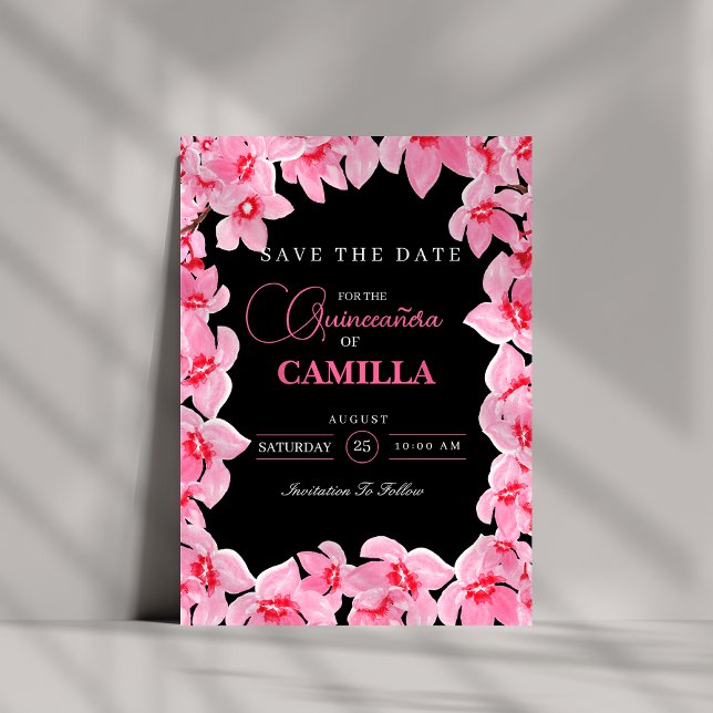 Black and pink Girly Cherry Blossom Quinceanera Save The Date (Creator Uploaded)