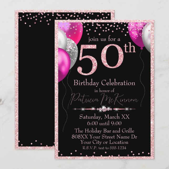 Black and Pink Glitter Balloons 50th Birthday Invitation (Front/Back)